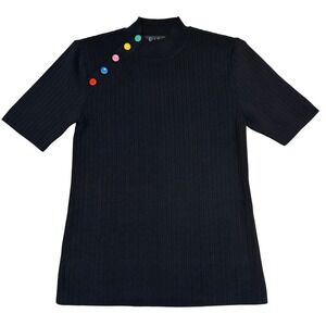 Ella Rafaella Ribbed Knit Top Mock Neck Button Black Women's  size M